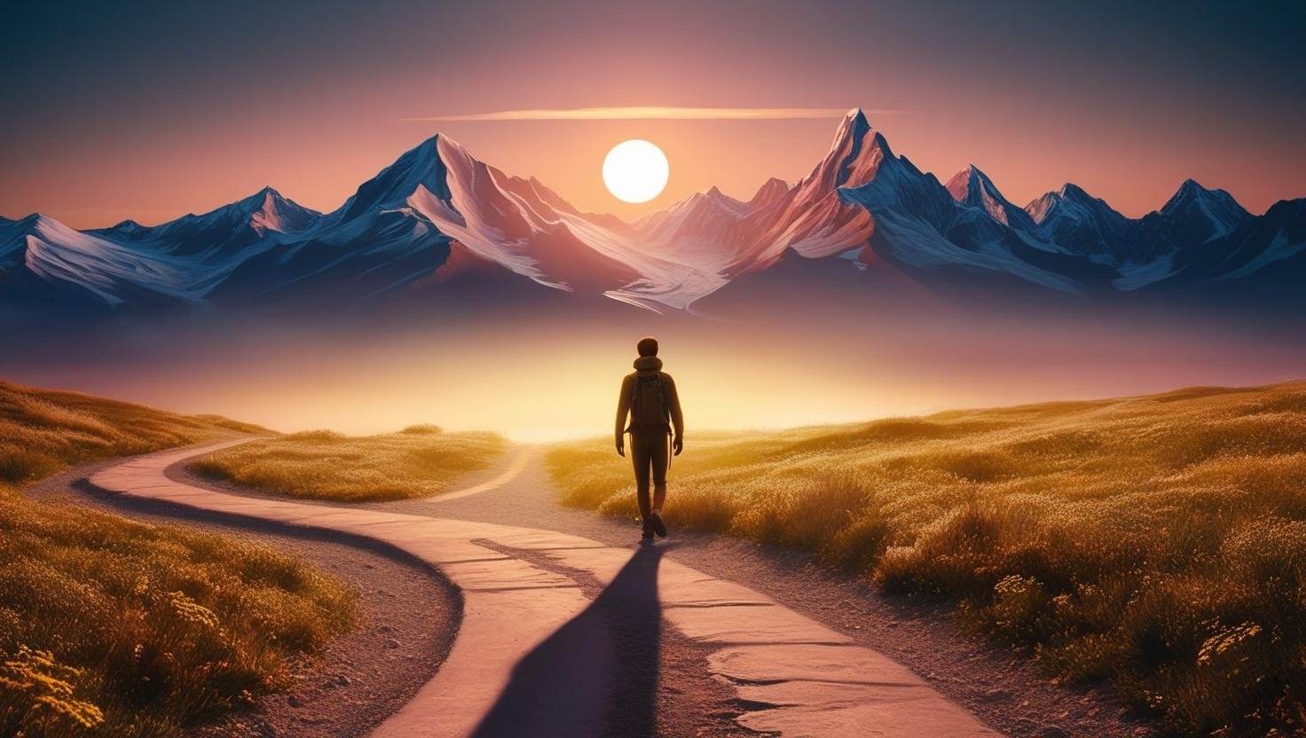 A man walking towards sunrise